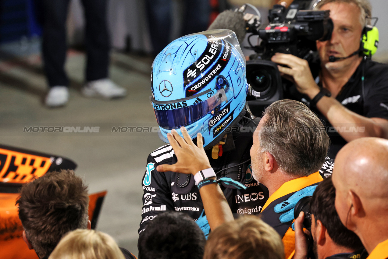 GP BAHRAIN, George Russell (GBR) Mercedes AMG F1 celebrates his second position in parc ferme.

13.04.2025. Formula 1 World Championship, Rd 4, Bahrain Grand Prix, Sakhir, Bahrain, Gara Day.

- www.xpbimages.com, EMail: requests@xpbimages.com © Copyright: Bearne / XPB Images