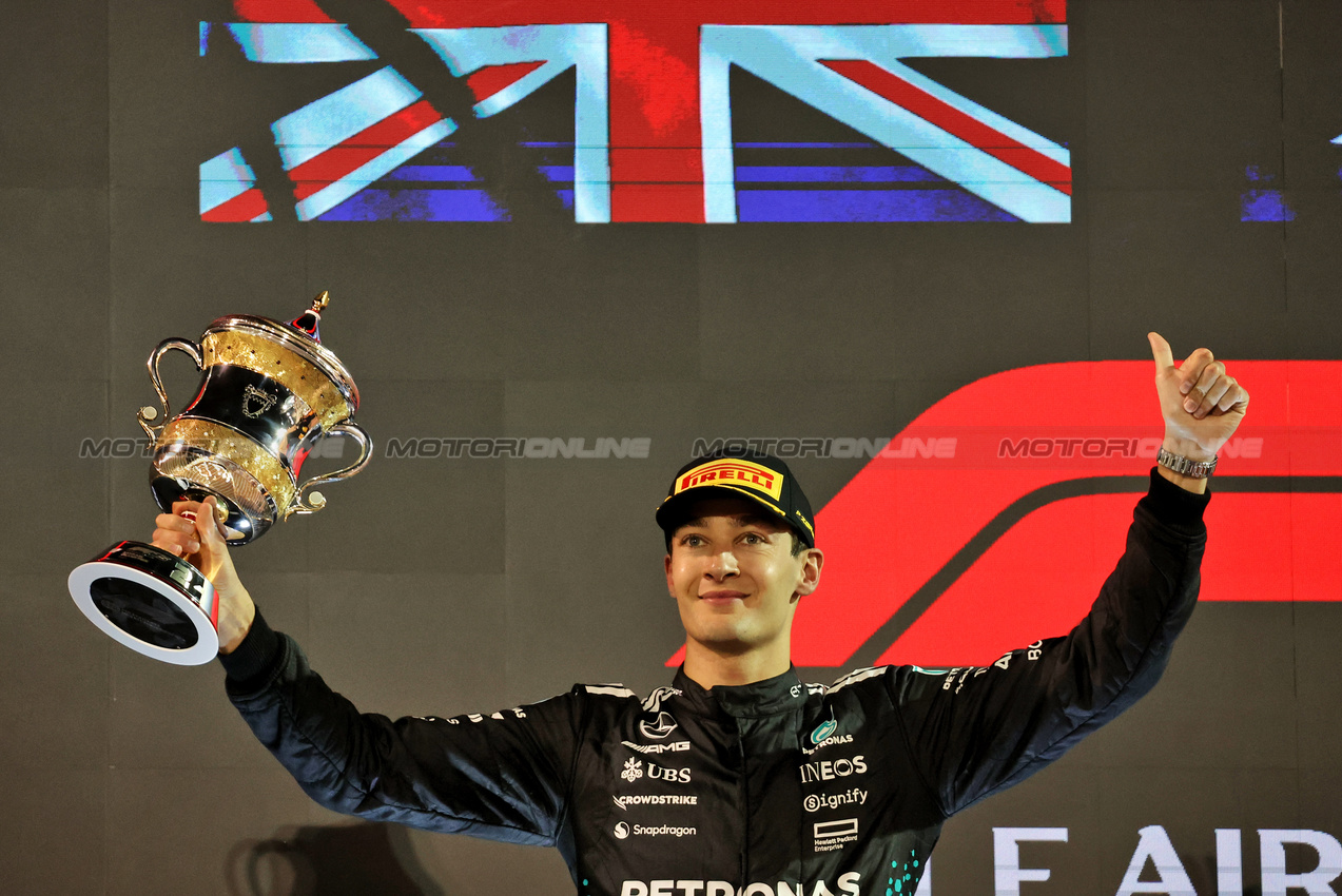 GP BAHRAIN, George Russell (GBR) Mercedes AMG F1 celebrates his second position on the podium.

13.04.2025. Formula 1 World Championship, Rd 4, Bahrain Grand Prix, Sakhir, Bahrain, Gara Day.

- www.xpbimages.com, EMail: requests@xpbimages.com © Copyright: Bearne / XPB Images