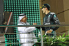GP BAHRAIN, (L to R): Crown Prince Shaikh Salman bin Isa Hamad Al Khalifa (BRN) with second placed George Russell (GBR) Mercedes AMG F1 on the podium.

13.04.2025. Formula 1 World Championship, Rd 4, Bahrain Grand Prix, Sakhir, Bahrain, Gara Day.

- www.xpbimages.com, EMail: requests@xpbimages.com © Copyright: Bearne / XPB Images