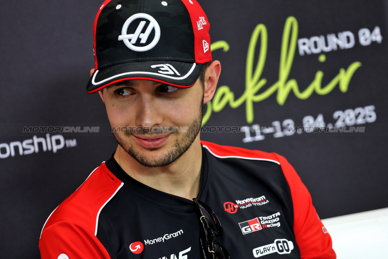 GP BAHRAIN, Esteban Ocon (FRA) Haas F1 Team in the FIA Press Conference.

10.04.2025. Formula 1 World Championship, Rd 4, Bahrain Grand Prix, Sakhir, Bahrain, Preparation Day.

- www.xpbimages.com, EMail: requests@xpbimages.com © Copyright: Bearne / XPB Images