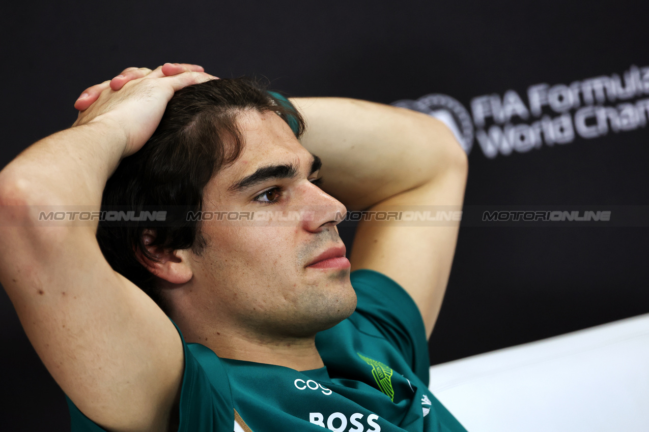 GP BAHRAIN, Lance Stroll (CDN) Aston Martin F1 Team in the FIA Press Conference.

10.04.2025. Formula 1 World Championship, Rd 4, Bahrain Grand Prix, Sakhir, Bahrain, Preparation Day.

- www.xpbimages.com, EMail: requests@xpbimages.com © Copyright: Bearne / XPB Images