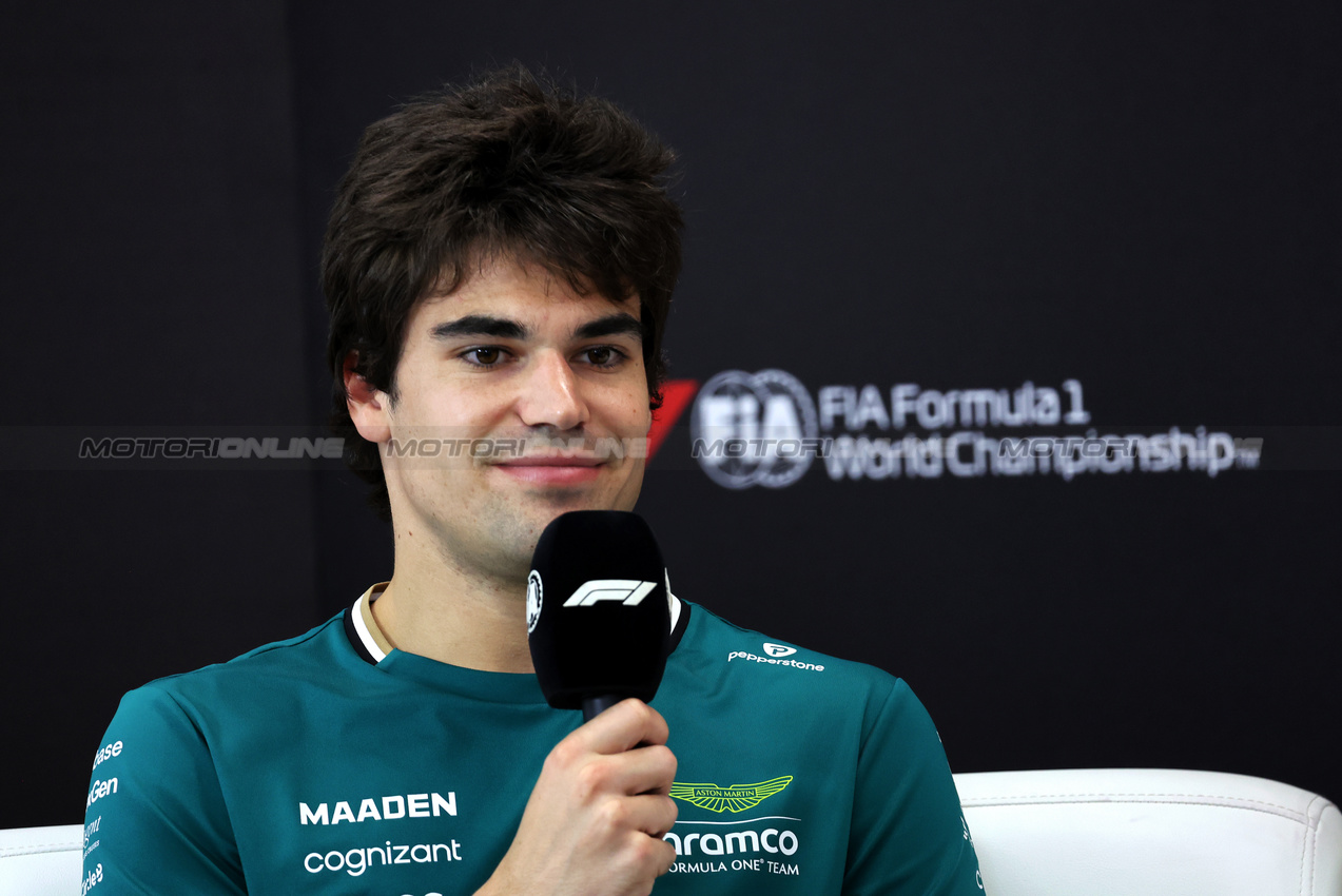 GP BAHRAIN, Lance Stroll (CDN) Aston Martin F1 Team in the FIA Press Conference.

10.04.2025. Formula 1 World Championship, Rd 4, Bahrain Grand Prix, Sakhir, Bahrain, Preparation Day.

- www.xpbimages.com, EMail: requests@xpbimages.com © Copyright: Bearne / XPB Images