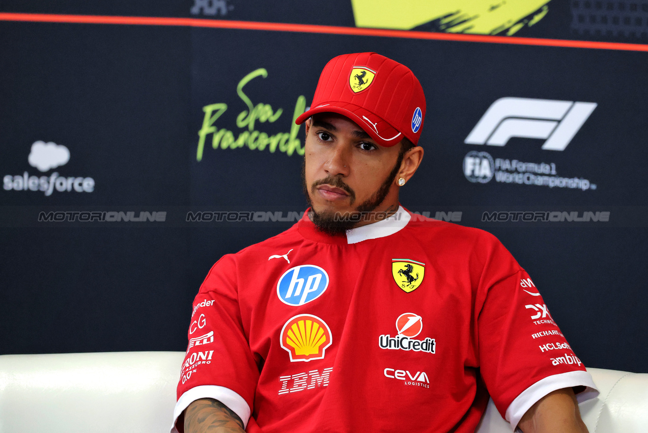 GP BELGIO, Lewis Hamilton (GBR) Ferrari in the FIA Press Conference.

24.07.2025. Formula 1 World Championship, Rd 13, Belgian Grand Prix, Spa Francorchamps, Belgium, Preparation Day.

- www.xpbimages.com, EMail: requests@xpbimages.com © Copyright: Moy / XPB Images