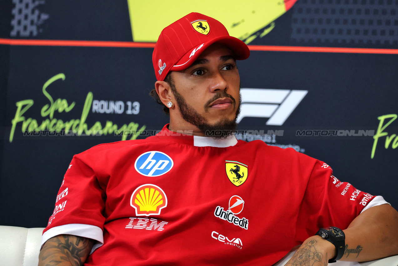 GP BELGIO, Lewis Hamilton (GBR) Ferrari in the FIA Press Conference.

24.07.2025. Formula 1 World Championship, Rd 13, Belgian Grand Prix, Spa Francorchamps, Belgium, Preparation Day.

- www.xpbimages.com, EMail: requests@xpbimages.com © Copyright: Moy / XPB Images