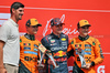GP BELGIO, Sprint top three in parc ferme (L to R): Thibaut Courtois (BEL) Real Madrid Goalkeeper; Lando Norris (GBR) McLaren, third; Max Verstappen (NLD) Red Bull Racing, vincitore; Thibaut Courtois (BEL) Real Madrid Goalkeeper; Oscar Piastri (AUS) McLaren, second.

26.07.2025. Formula 1 World Championship, Rd 13, Belgian Grand Prix, Spa Francorchamps, Belgium, Sprint e Qualifiche Day.

- www.xpbimages.com, EMail: requests@xpbimages.com © Copyright: Moy / XPB Images