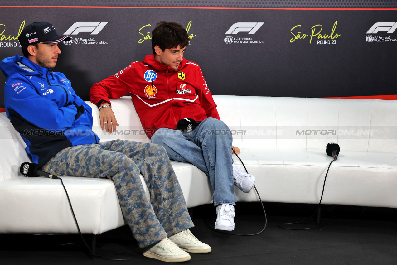 GP BRASILE, (L to R): Pierre Gasly (FRA) Alpine F1 Team e Charles Leclerc (MON) Ferrari in the FIA Press Conference.
06.11.2025. Formula 1 World Championship, Rd 21, Brazilian Grand Prix, Sao Paulo, Brazil, Preparation Day.
- www.xpbimages.com, EMail: requests@xpbimages.com © Copyright: Batchelor / XPB Images