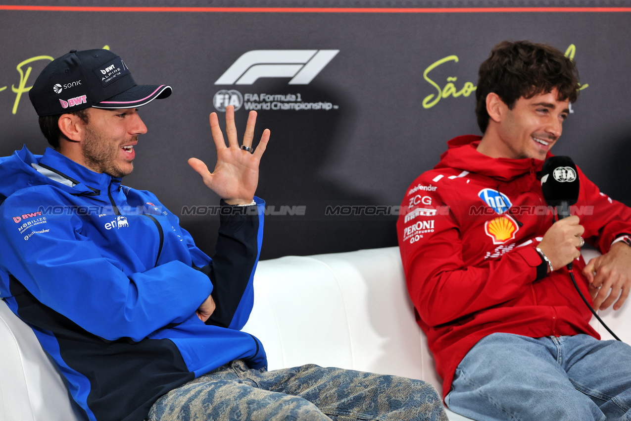 GP BRASILE, (L to R): Pierre Gasly (FRA) Alpine F1 Team e Charles Leclerc (MON) Ferrari in the FIA Press Conference.
06.11.2025. Formula 1 World Championship, Rd 21, Brazilian Grand Prix, Sao Paulo, Brazil, Preparation Day.
- www.xpbimages.com, EMail: requests@xpbimages.com © Copyright: Batchelor / XPB Images