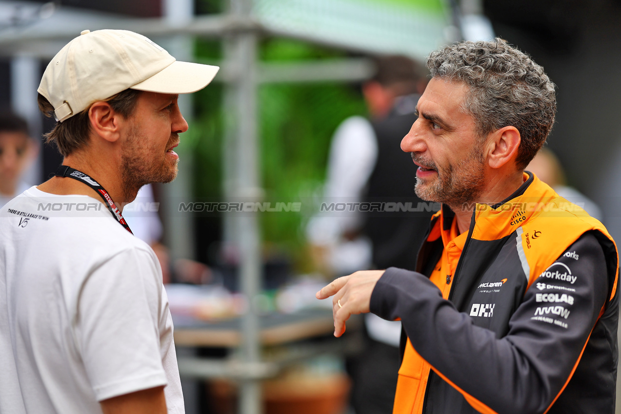 GP BRASILE, (L to R): Sebastian Vettel (GER) with Andrea Stella (ITA) McLaren Team Principal.
06.11.2025. Formula 1 World Championship, Rd 21, Brazilian Grand Prix, Sao Paulo, Brazil, Preparation Day.
- www.xpbimages.com, EMail: requests@xpbimages.com © Copyright: XPB Images