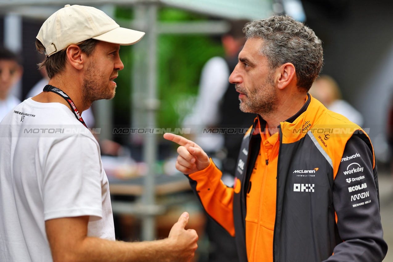 GP BRASILE, (L to R): Sebastian Vettel (GER) with Andrea Stella (ITA) McLaren Team Principal.
06.11.2025. Formula 1 World Championship, Rd 21, Brazilian Grand Prix, Sao Paulo, Brazil, Preparation Day.
- www.xpbimages.com, EMail: requests@xpbimages.com © Copyright: XPB Images