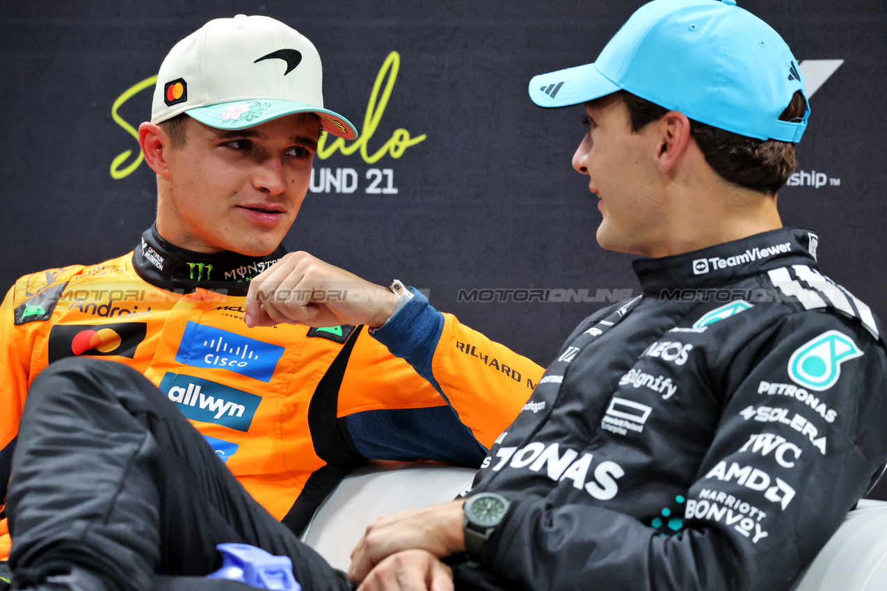 GP BRASILE, (L to R): Lando Norris (GBR) McLaren e George Russell (GBR) Mercedes AMG F1 in the post Sprint FIA Press Conference.

08.11.2025. Formula 1 World Championship, Rd 21, Brazilian Grand Prix, Sao Paulo, Brazil, Sprint e Qualifiche Day.

- www.xpbimages.com, EMail: requests@xpbimages.com © Copyright: Charniaux / XPB Images