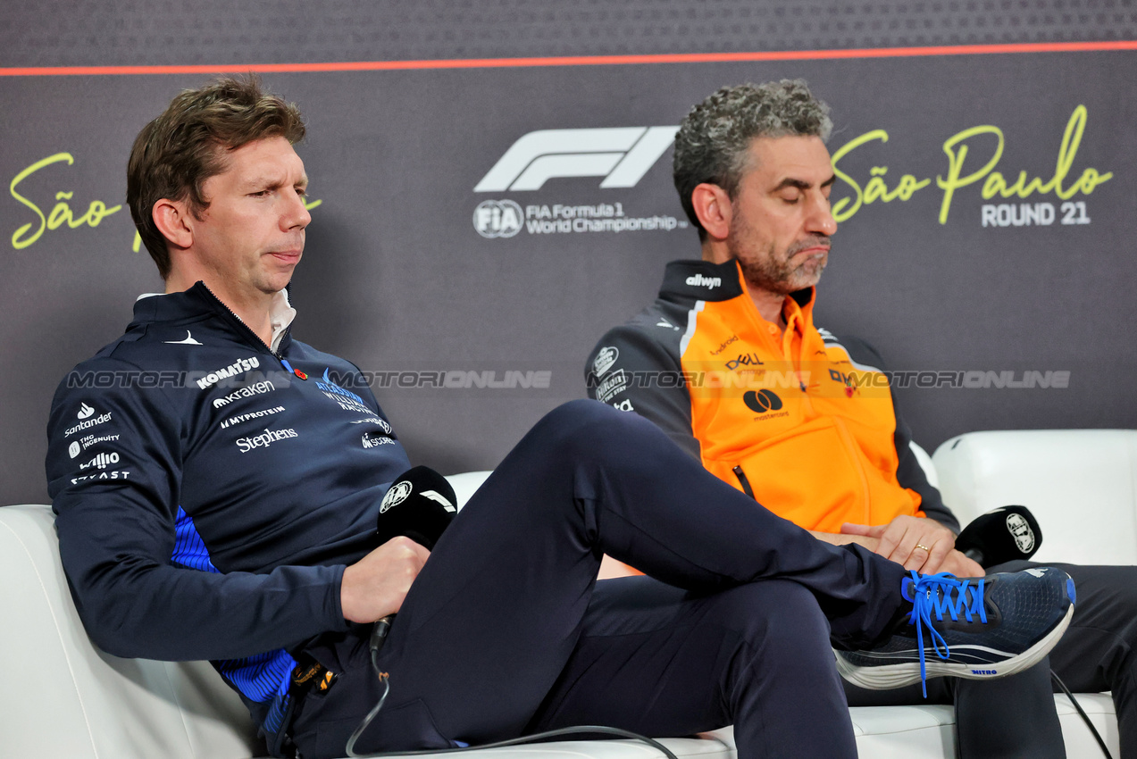 GP BRASILE, (L to R): James Vowles (GBR) Atlassian Williams Racing Team Principal e Andrea Stella (ITA) McLaren Team Principall in the FIA Press Conference.
07.11.2025. Formula 1 World Championship, Rd 21, Brazilian Grand Prix, Sao Paulo, Brazil, Sprint Qualifiche Day.
- www.xpbimages.com, EMail: requests@xpbimages.com © Copyright: Charniaux / XPB Images