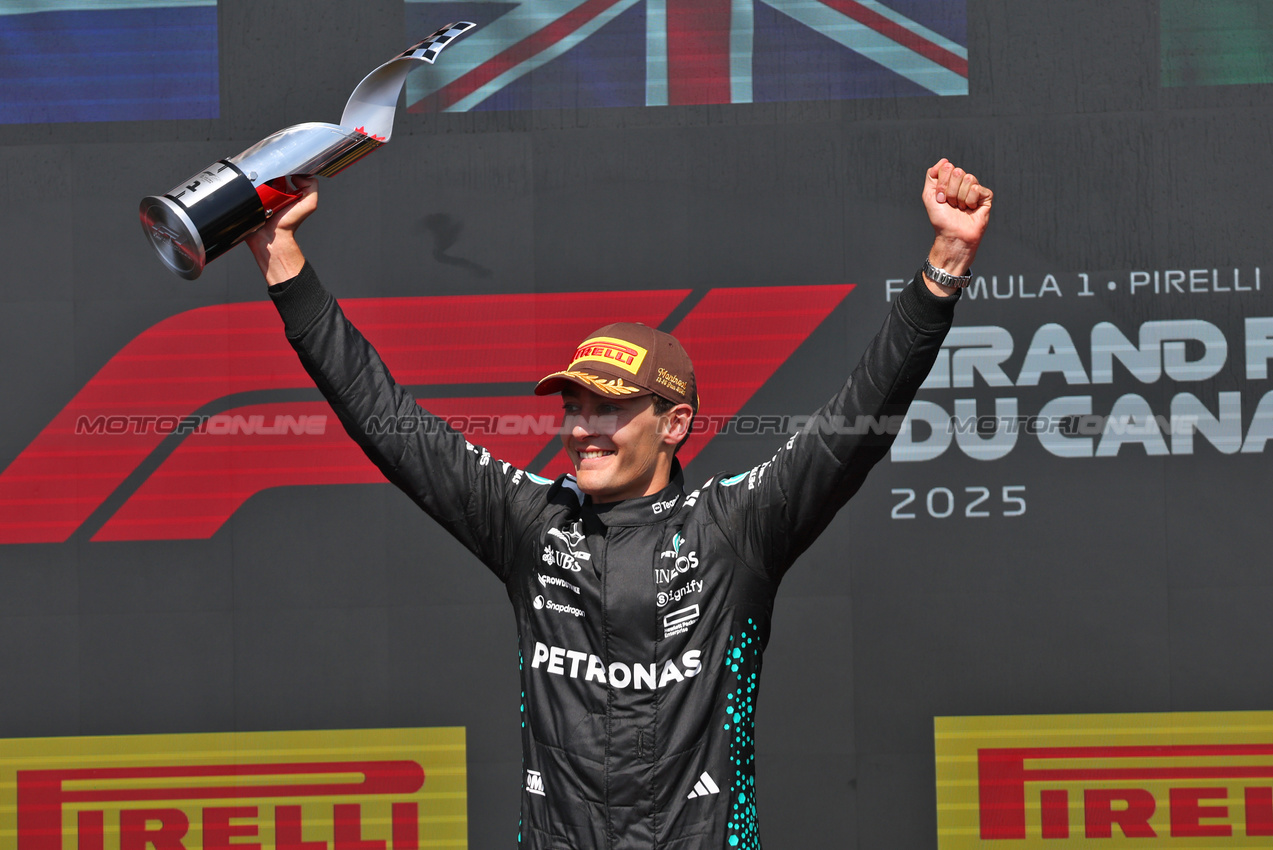 GP CANADA, Gara winner George Russell (GBR) Mercedes AMG F1 celebrates on the podium.

15.06.2025. Formula 1 World Championship, Rd 10, Canadian Grand Prix, Montreal, Canada, Gara Day.

- www.xpbimages.com, EMail: requests@xpbimages.com © Copyright: Batchelor / XPB Images