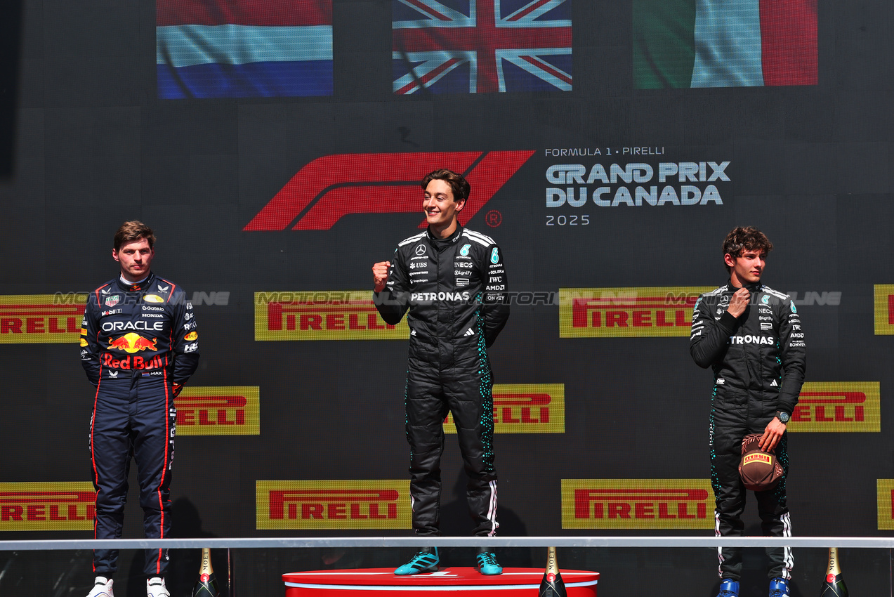 GP CANADA, The podium (L to R): Max Verstappen (NLD) Red Bull Racing, second; George Russell (GBR) Mercedes AMG F1, vincitore; Andrea Kimi Antonelli (ITA) Mercedes AMG F1, third.

15.06.2025. Formula 1 World Championship, Rd 10, Canadian Grand Prix, Montreal, Canada, Gara Day.

- www.xpbimages.com, EMail: requests@xpbimages.com © Copyright: Batchelor / XPB Images
