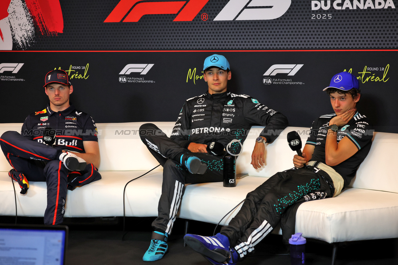 GP CANADA, (L to R): Max Verstappen (NLD) Red Bull Racing; George Russell (GBR) Mercedes AMG F1; e Andrea Kimi Antonelli (ITA) Mercedes AMG F1, in the post race FIA Press Conference.

15.06.2025. Formula 1 World Championship, Rd 10, Canadian Grand Prix, Montreal, Canada, Gara Day.

 - www.xpbimages.com, EMail: requests@xpbimages.com © Copyright: Rew / XPB Images