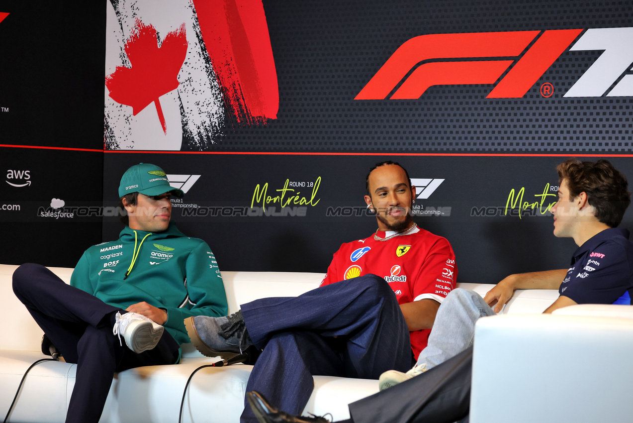 GP CANADA, (L to R): Lance Stroll (CDN) Aston Martin F1 Team; Lewis Hamilton (GBR) Ferrari; e Franco Colapinto (ARG) Alpine F1 Team in the FIA Press Conference.

12.06.2025. Formula 1 World Championship, Rd 10, Canadian Grand Prix, Montreal, Canada, Preparation Day.

- www.xpbimages.com, EMail: requests@xpbimages.com © Copyright: Bearne / XPB Images