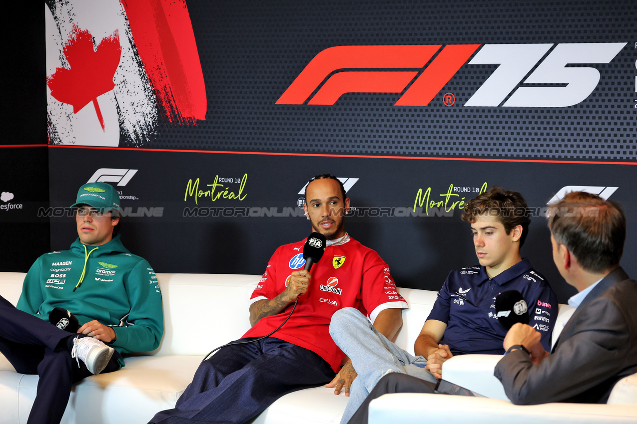 GP CANADA, (L to R): Lance Stroll (CDN) Aston Martin F1 Team; Lewis Hamilton (GBR) Ferrari; e Franco Colapinto (ARG) Alpine F1 Team in the FIA Press Conference.

12.06.2025. Formula 1 World Championship, Rd 10, Canadian Grand Prix, Montreal, Canada, Preparation Day.

- www.xpbimages.com, EMail: requests@xpbimages.com © Copyright: Bearne / XPB Images