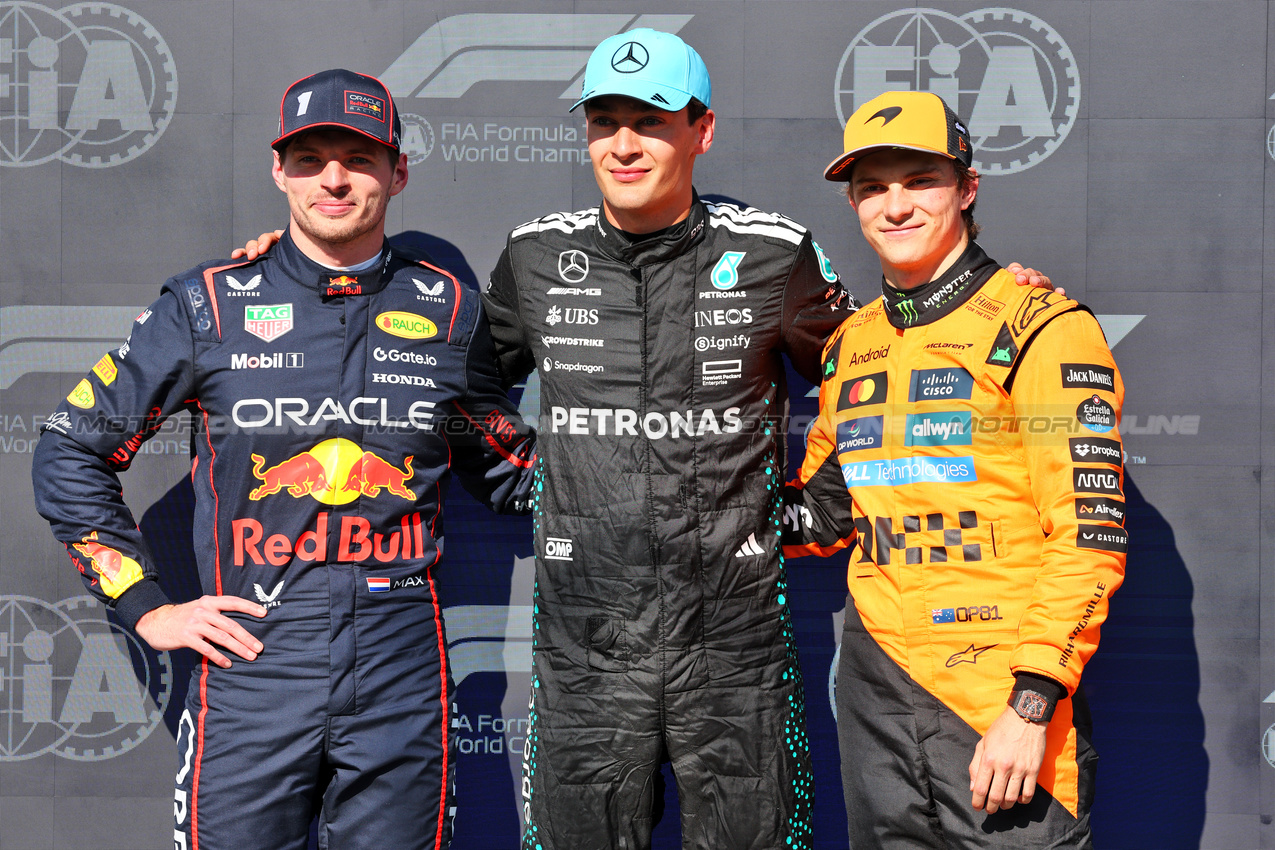 GP CANADA, Qualifiche top three in parc ferme (L to R): Max Verstappen (NLD) Red Bull Racing, second; George Russell (GBR) Mercedes AMG F1, pole position; Oscar Piastri (AUS) McLaren, third.

14.06.2025. Formula 1 World Championship, Rd 10, Canadian Grand Prix, Montreal, Canada, Qualifiche Day.

- www.xpbimages.com, EMail: requests@xpbimages.com © Copyright: Batchelor / XPB Images