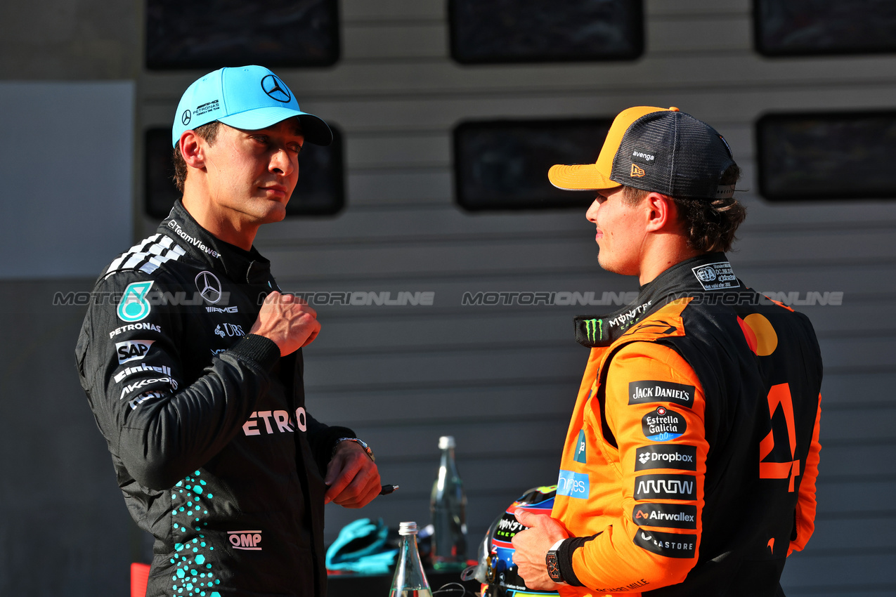 GP CINA, (L to R): second placed George Russell (GBR) Mercedes AMG F1 with third placed Lando Norris (GBR) McLaren in qualifying parc ferme.

22.03.2025. Formula 1 World Championship, Rd 2, Chinese Grand Prix, Shanghai, China, Sprint e Qualifiche Day.

- www.xpbimages.com, EMail: requests@xpbimages.com © Copyright: Batchelor / XPB Images