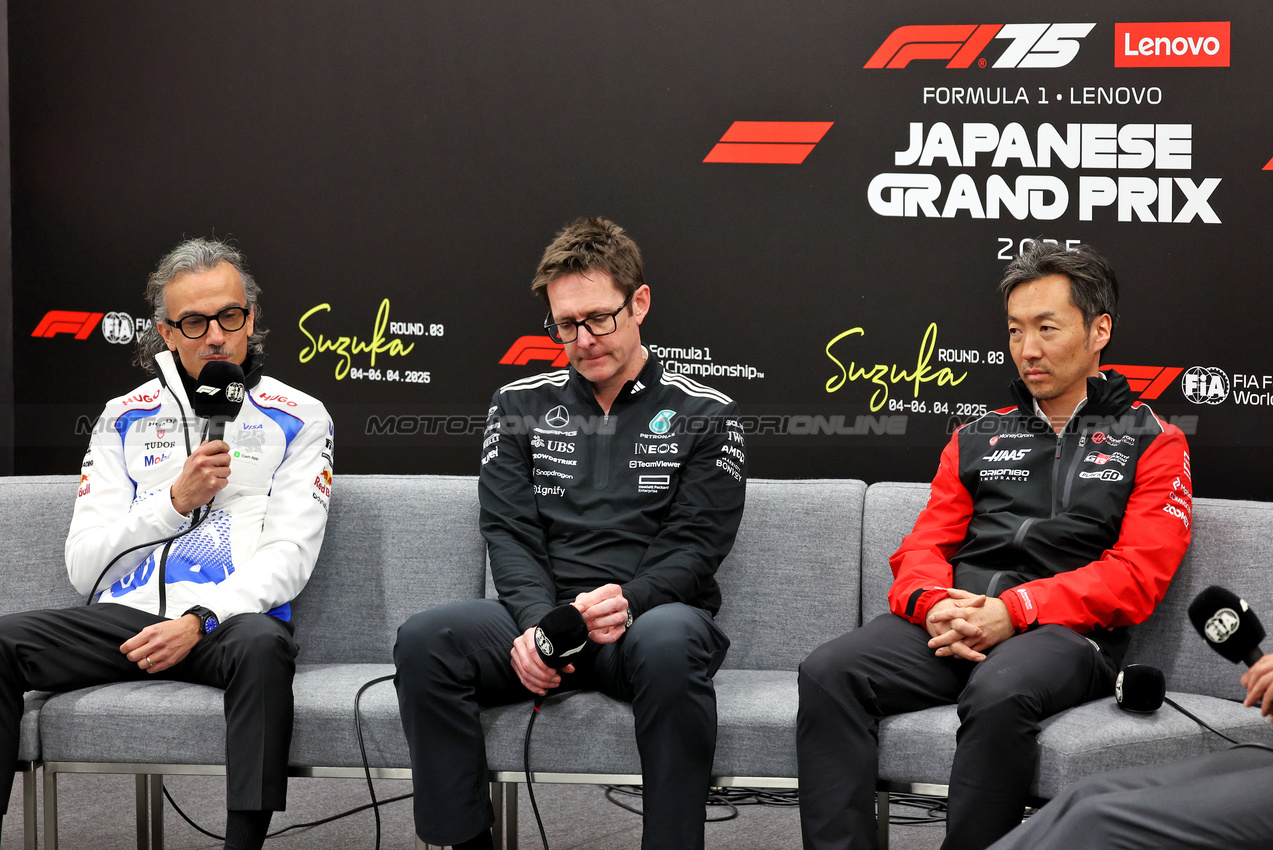 GP GIAPPONE, (L to R): Laurent Mekies (FRA) Racing Bulls Technical Director; Andrew Shovlin (GBR) Mercedes AMG F1 Trackside Engineering Director; e Ayao Komatsu (JPN) Haas F1 Team Principal, in the FIA Press Conference.

04.04.2025. Formula 1 World Championship, Rd 3, Japanese Grand Prix, Suzuka, Japan, Practice Day.

- www.xpbimages.com, EMail: requests@xpbimages.com © Copyright: Moy / XPB Images