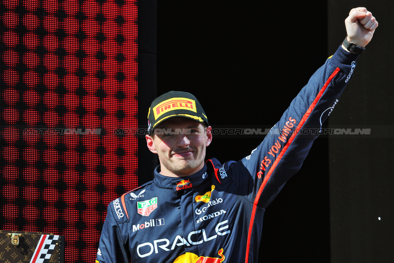GP IMOLA, Gara winner Max Verstappen (NLD) Red Bull Racing celebrates on the podium.

18.05.2025. Formula 1 World Championship, Rd 7, Emilia Romagna Grand Prix, Imola, Italy, Gara Day.

- www.xpbimages.com, EMail: requests@xpbimages.com © Copyright: Charniaux / XPB Images