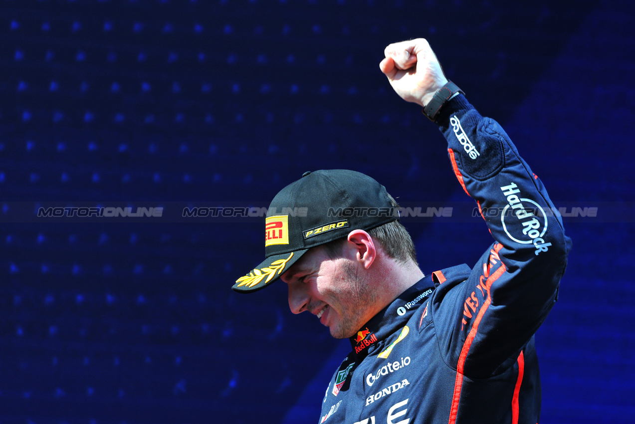 GP IMOLA, Gara winner Max Verstappen (NLD) Red Bull Racing celebrates on the podium.

18.05.2025. Formula 1 World Championship, Rd 7, Emilia Romagna Grand Prix, Imola, Italy, Gara Day.

- www.xpbimages.com, EMail: requests@xpbimages.com © Copyright: Charniaux / XPB Images
