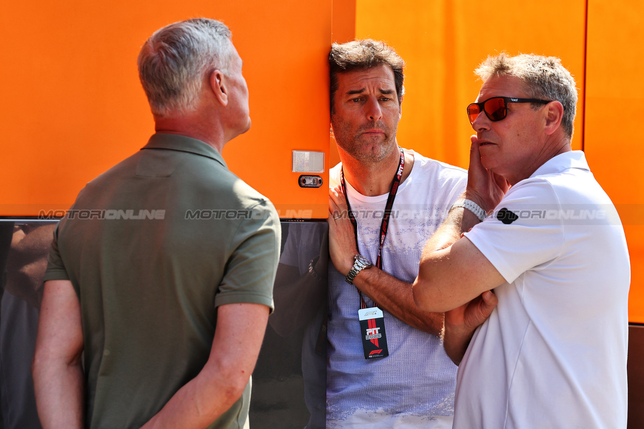 GP IMOLA, (L to R): David Coulthard (GBR) Channel 4 F1 Commentator with Mark Webber (AUS) Channel 4 Presenter / Driver Manager e Bernd Maylander (GER) FIA Safety Car Driver.

15.05.2025. Formula 1 World Championship, Rd 7, Emilia Romagna Grand Prix, Imola, Italy, Preparation Day.

- www.xpbimages.com, EMail: requests@xpbimages.com © Copyright: Moy / XPB Images