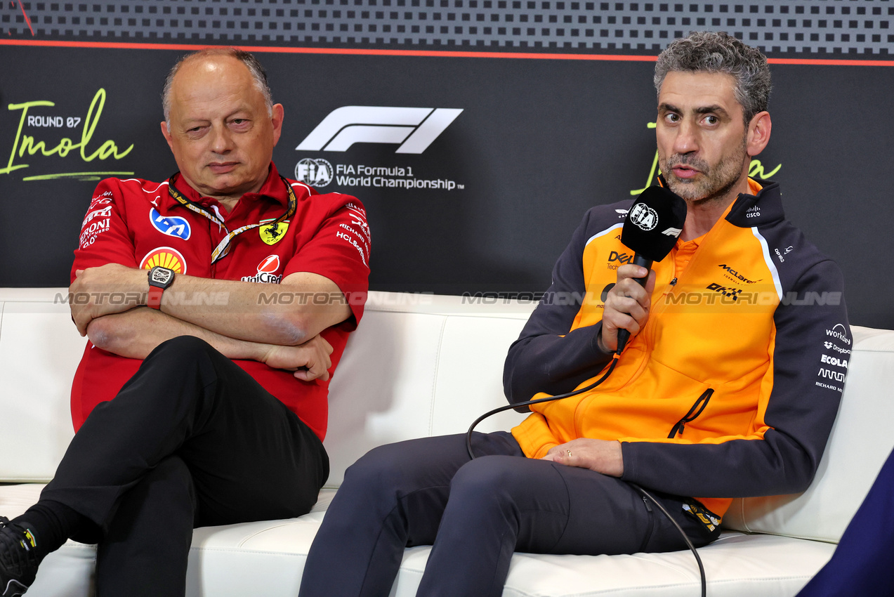 GP IMOLA, (L to R): Frederic Vasseur (FRA) Ferrari Team Principal with Andrea Stella (ITA) McLaren Team Principal in the FIA Press Conference.

16.05.2025. Formula 1 World Championship, Rd 7, Emilia Romagna Grand Prix, Imola, Italy, Practice Day.

- www.xpbimages.com, EMail: requests@xpbimages.com © Copyright: Moy / XPB Images