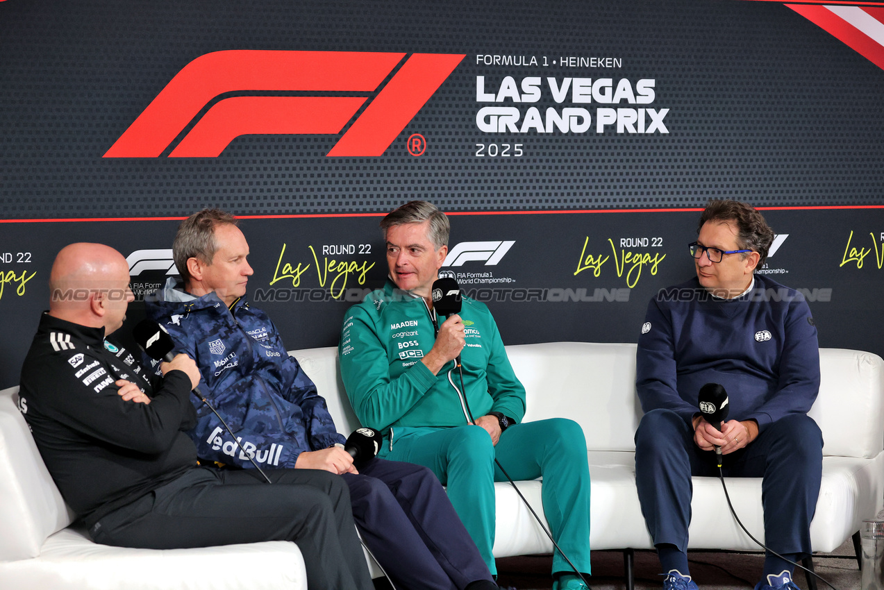 GP LAS VEGAS, (L to R): Simone Resta (ITA) Mercedes AMG F1 Strategic Development Director; Paul Monaghan (GBR) Red Bull Racing Chief Engineer; Andrea Stella (ITA) McLaren Team Principal; e Nicolas Todt (FRA) Driver Manager in the FIA Press Conference.

20.11.2025. Formula 1 World Championship, Rd 22, Las Vegas Grand Prix, Las Vegas, Nevada, USA, Practice Day

- www.xpbimages.com, EMail: requests@xpbimages.com © Copyright: Moy / XPB Images