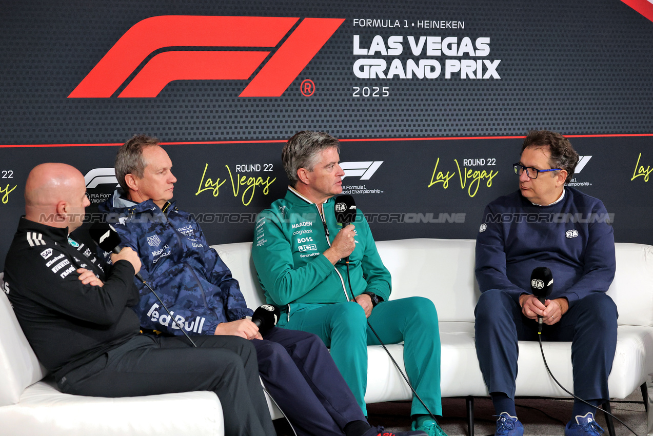 GP LAS VEGAS, (L to R): Simone Resta (ITA) Mercedes AMG F1 Strategic Development Director; Paul Monaghan (GBR) Red Bull Racing Chief Engineer; Andrea Stella (ITA) McLaren Team Principal; e Nicolas Todt (FRA) Driver Manager in the FIA Press Conference.

20.11.2025. Formula 1 World Championship, Rd 22, Las Vegas Grand Prix, Las Vegas, Nevada, USA, Practice Day

- www.xpbimages.com, EMail: requests@xpbimages.com © Copyright: Moy / XPB Images
