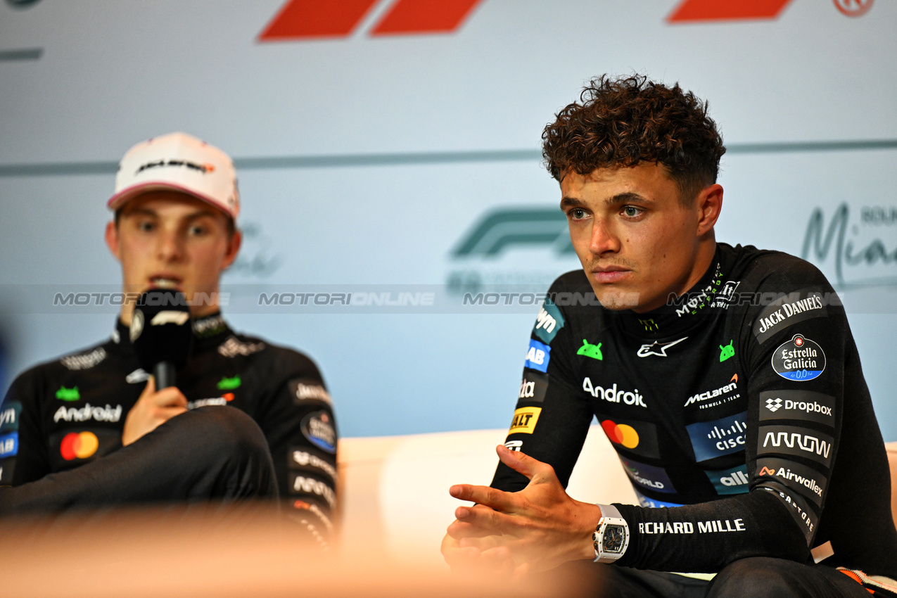GP MIAMI, Lando Norris (GBR) McLaren in the post Sprint FIA Press Conference.

03.05.2025. Formula 1 World Championship, Rd 6, Miami Grand Prix, Miami, Florida, USA, Sprint e Qualifiche Day.

- www.xpbimages.com, EMail: requests@xpbimages.com © Copyright: Price / XPB Images
