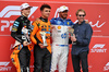 GP MIAMI, Sprint parc ferme top three (L to R): Oscar Piastri (AUS) McLaren, second; Lando Norris (GBR) McLaren, vincitore; Lewis Hamilton (GBR) Ferrari, third; Jerry Bruckheimer (USA) Film Producer.

03.05.2025. Formula 1 World Championship, Rd 6, Miami Grand Prix, Miami, Florida, USA, Sprint e Qualifiche Day.

- www.xpbimages.com, EMail: requests@xpbimages.com © Copyright: Moy / XPB Images