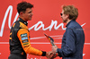 GP MIAMI, (L to R): vincitore Lando Norris (GBR) McLaren celebrates in Sprint parc ferme with Jerry Bruckheimer (USA) Film Producer.

03.05.2025. Formula 1 World Championship, Rd 6, Miami Grand Prix, Miami, Florida, USA, Sprint e Qualifiche Day.

- www.xpbimages.com, EMail: requests@xpbimages.com © Copyright: Bearne / XPB Images