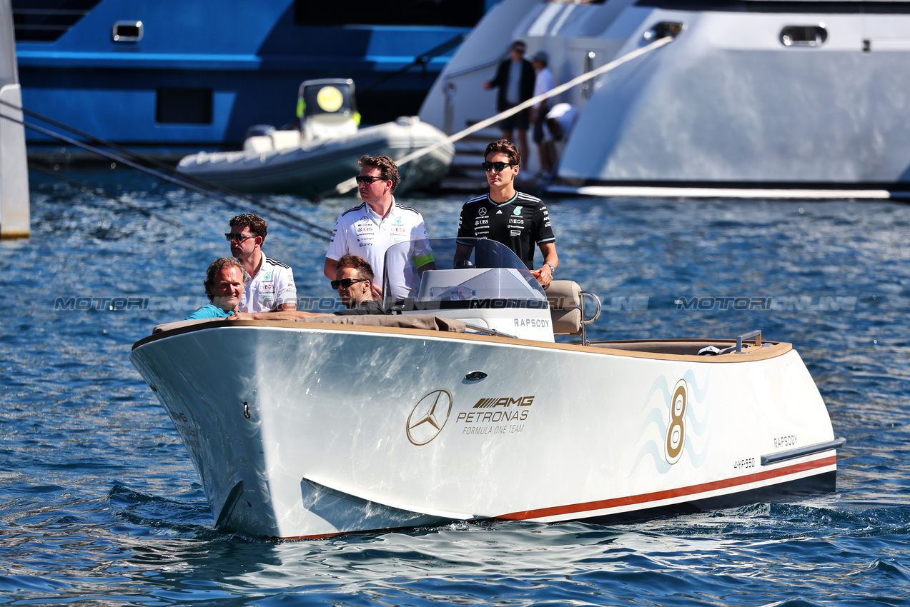GP MONACO, George Russell (GBR) Mercedes AMG F1 on a boat in the harbour.

25.05.2025. Formula 1 World Championship, Rd 8, Monaco Grand Prix, Monte Carlo, Monaco, Gara Day.

- www.xpbimages.com, EMail: requests@xpbimages.com © Copyright: Moy / XPB Images