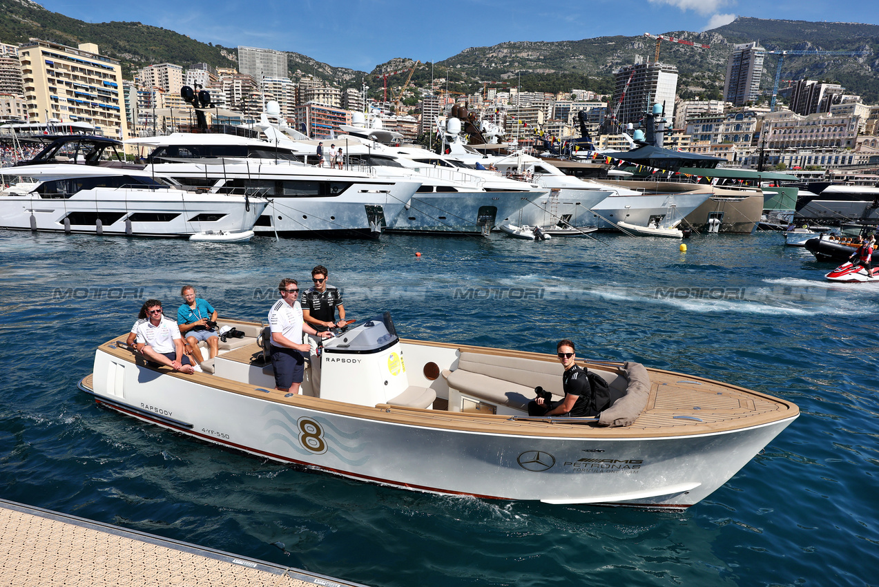 GP MONACO, George Russell (GBR) Mercedes AMG F1 on a boat in the harbour.

25.05.2025. Formula 1 World Championship, Rd 8, Monaco Grand Prix, Monte Carlo, Monaco, Gara Day.

- www.xpbimages.com, EMail: requests@xpbimages.com © Copyright: Moy / XPB Images