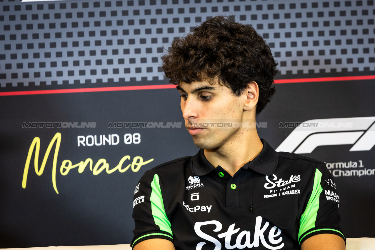 GP MONACO, Gabriel Bortoleto (BRA) Sauber in the FIA Press Conference.

22.05.2025. Formula 1 World Championship, Rd 8, Monaco Grand Prix, Monte Carlo, Monaco, Preparation Day.

- www.xpbimages.com, EMail: requests@xpbimages.com © Copyright: Bearne / XPB Images