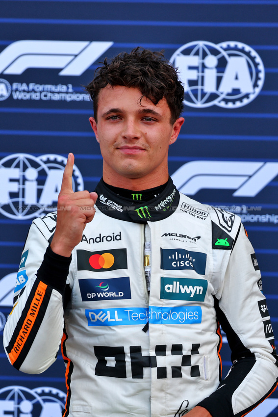 GP MONACO, Lando Norris (GBR) McLaren celebrates his pole position in qualifying parc ferme.

24.05.2025. Formula 1 World Championship, Rd 8, Monaco Grand Prix, Monte Carlo, Monaco, Qualifiche Day.

- www.xpbimages.com, EMail: requests@xpbimages.com © Copyright: Batchelor / XPB Images