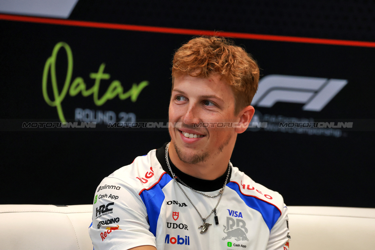 GP QATAR, (L to R): Liam Lawson (NZL) Racing Bulls in the FIA Press Conference.

27.11.2025. Formula 1 World Championship, Rd 23, Qatar Grand Prix, Doha, Qatar, Preparation Day.

- www.xpbimages.com, EMail: requests@xpbimages.com © Copyright: Moy / XPB Images