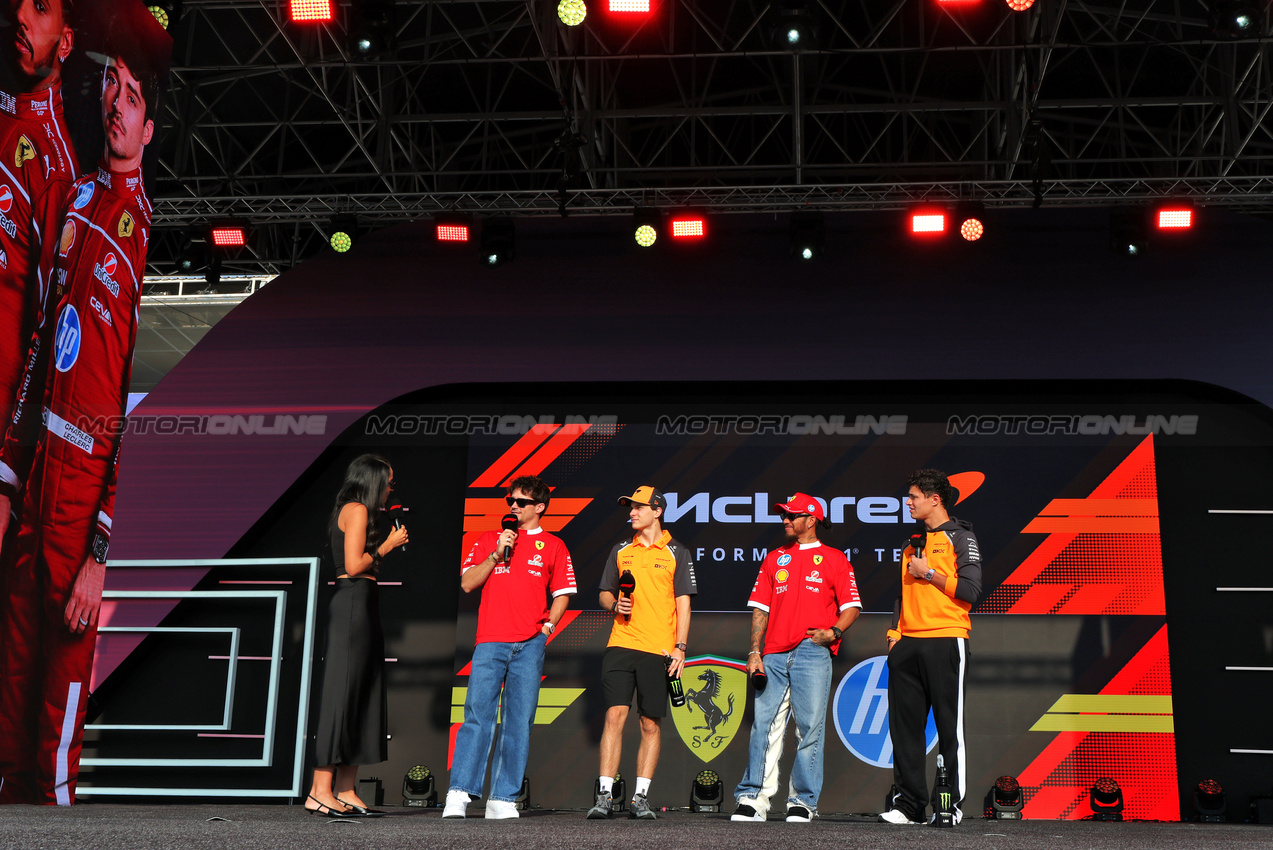 GP QATAR, (L to R): Charles Leclerc (MON) Ferrari; Oscar Piastri (AUS) McLaren; Lewis Hamilton (GBR) Ferrari; e Lando Norris (GBR) McLaren, on the FanZone Stage.

28.11.2025 Formula 1 World Championship, Rd 23, Qatar Grand Prix, Doha, Qatar, Sprint Qualifiche Day.

- www.xpbimages.com, EMail: requests@xpbimages.com © Copyright: Moy / XPB Images
