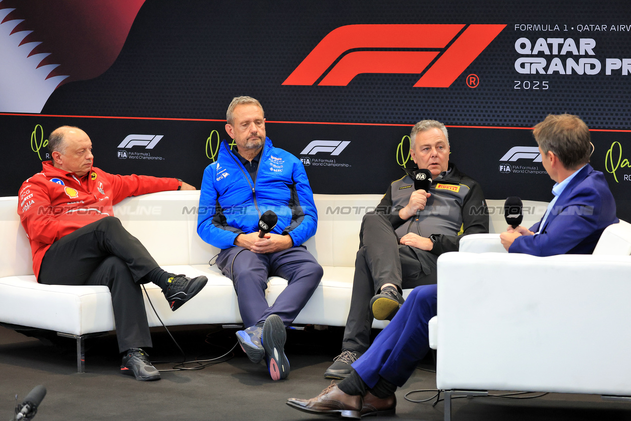 GP QATAR, (L to R): Frederic Vasseur (FRA) Ferrari Team Principal; Steve Nielsen (GBR) Alpine F1 Team Managing Director; e Mario Isola (ITA) Pirelli Racing Manager, in the FIA Press Conference.
28.11.2025 Formula 1 World Championship, Rd 23, Qatar Grand Prix, Doha, Qatar, Sprint Qualifiche Day.
- www.xpbimages.com, EMail: requests@xpbimages.com © Copyright: Moy / XPB Images
