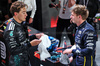 GP SINGAPORE, (L to R): Pole sitter George Russell (GBR) Mercedes AMG F1 in qualifying parc ferme with second placed Max Verstappen (NLD) Red Bull Racing.

04.10.2025. Formula 1 World Championship, Rd 18, Singapore Grand Prix, Marina Bay Street Circuit, Singapore, Qualifiche Day.

- www.xpbimages.com, EMail: requests@xpbimages.com © Copyright: Batchelor / XPB Images