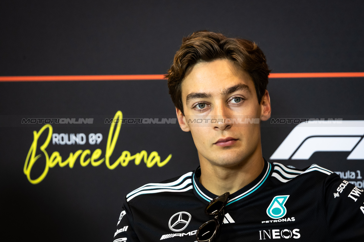 GP SPAGNA, George Russell (GBR) Mercedes AMG F1 in the FIA Press Conference.

29.05.2025. Formula 1 World Championship, Rd 9, Spanish Grand Prix, Barcelona, Spain, Preparation Day.

- www.xpbimages.com, EMail: requests@xpbimages.com © Copyright: Bearne / XPB Images