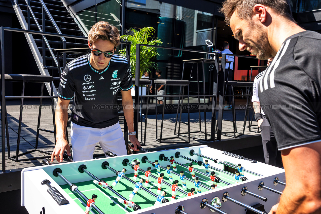 GP SPAGNA, George Russell (GBR) Mercedes AMG F1 plays table football in the paddock.

29.05.2025. Formula 1 World Championship, Rd 9, Spanish Grand Prix, Barcelona, Spain, Preparation Day.

- www.xpbimages.com, EMail: requests@xpbimages.com © Copyright: Bearne / XPB Images