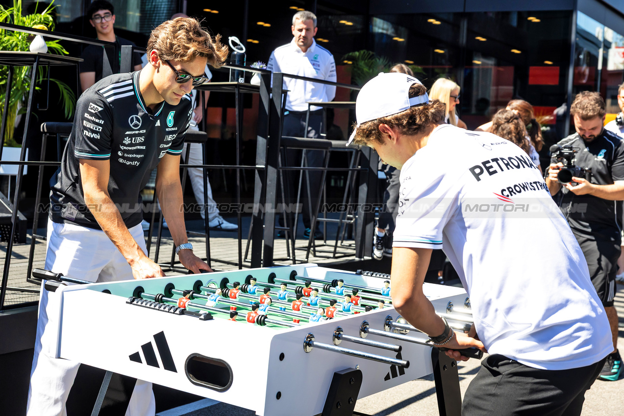 GP SPAGNA, Andrea Kimi Antonelli (ITA) Mercedes AMG F1 e George Russell (GBR) Mercedes AMG F1 play table football in the paddock.

29.05.2025. Formula 1 World Championship, Rd 9, Spanish Grand Prix, Barcelona, Spain, Preparation Day.

- www.xpbimages.com, EMail: requests@xpbimages.com © Copyright: Bearne / XPB Images