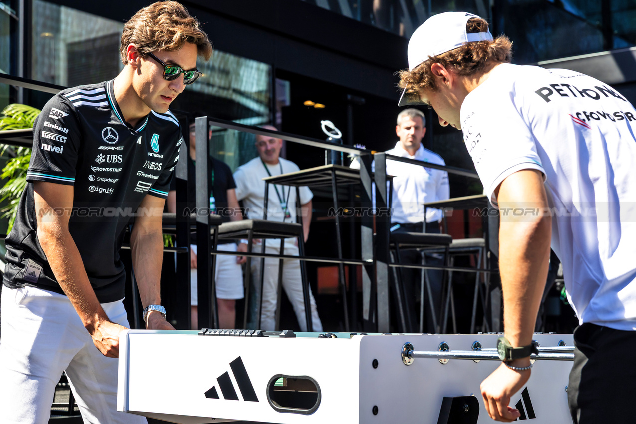 GP SPAGNA, Andrea Kimi Antonelli (ITA) Mercedes AMG F1 e George Russell (GBR) Mercedes AMG F1 play table football in the paddock.

29.05.2025. Formula 1 World Championship, Rd 9, Spanish Grand Prix, Barcelona, Spain, Preparation Day.

- www.xpbimages.com, EMail: requests@xpbimages.com © Copyright: Bearne / XPB Images