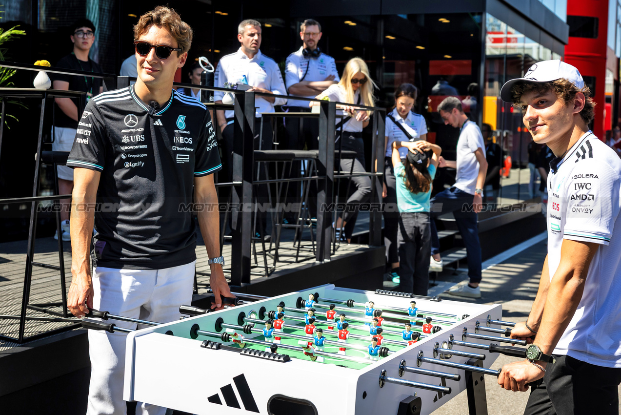 GP SPAGNA, Andrea Kimi Antonelli (ITA) Mercedes AMG F1 e George Russell (GBR) Mercedes AMG F1 play table football in the paddock.

29.05.2025. Formula 1 World Championship, Rd 9, Spanish Grand Prix, Barcelona, Spain, Preparation Day.

- www.xpbimages.com, EMail: requests@xpbimages.com © Copyright: Bearne / XPB Images