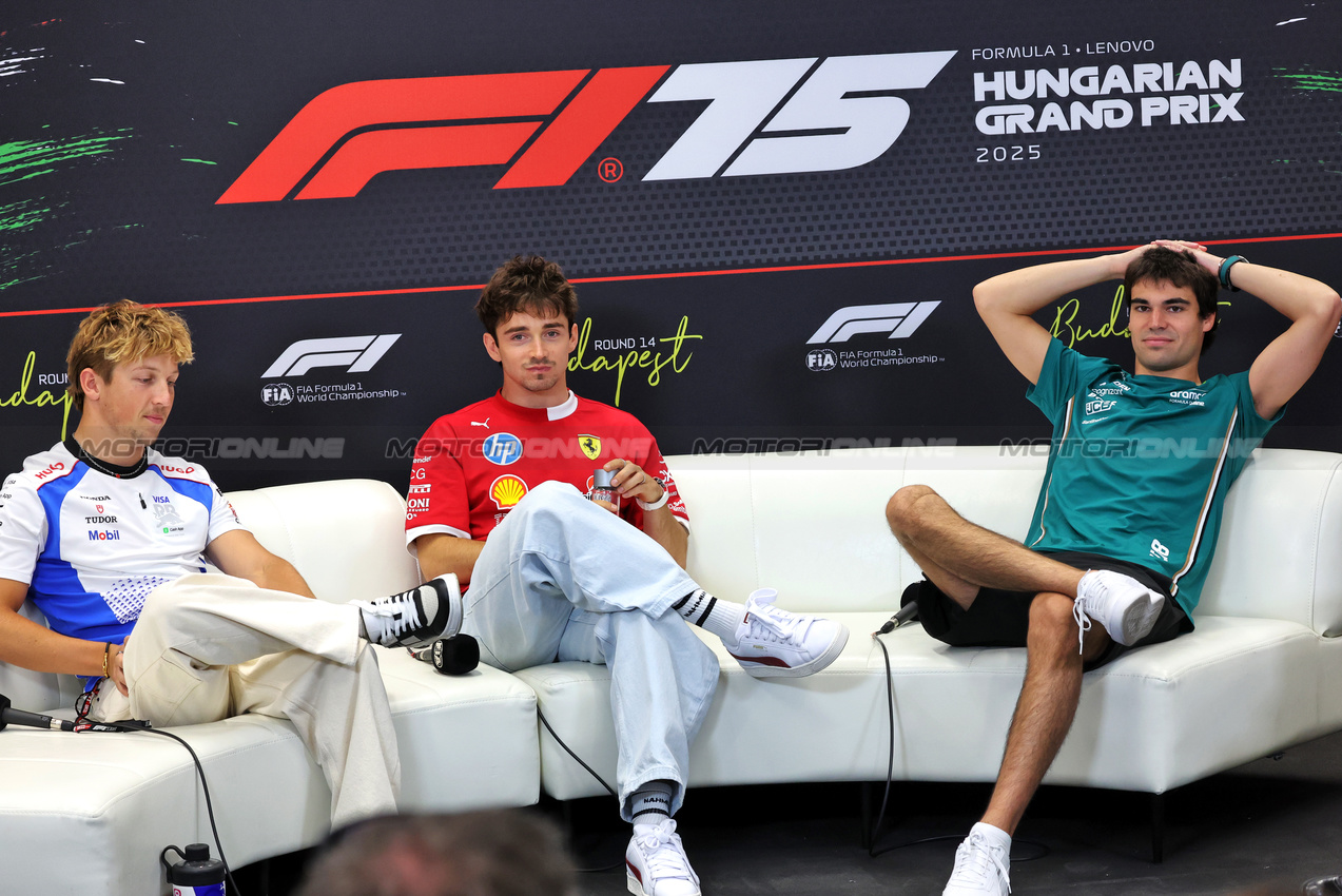 GP UNGHERIA, (L to R): Liam Lawson (NZL) Racing Bulls; Charles Leclerc (MON) Ferrari; e Lance Stroll (CDN) Aston Martin F1 Team, in the FIA Press Conference.

31.07.2025. Formula 1 World Championship, Rd 14, Hungarian Grand Prix, Budapest, Hungary, Preparation Day.

- www.xpbimages.com, EMail: requests@xpbimages.com © Copyright: Bearne / XPB Images