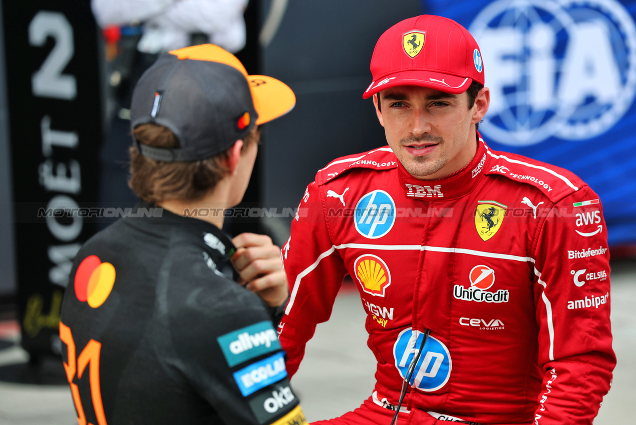 GP UNGHERIA, Pole sitter Charles Leclerc (MON) Ferrari in qualifying parc ferme with second placed Oscar Piastri (AUS) McLaren.

02.08.2025. Formula 1 World Championship, Rd 14, Hungarian Grand Prix, Budapest, Hungary, Qualifiche Day.

- www.xpbimages.com, EMail: requests@xpbimages.com © Copyright: Batchelor / XPB Images