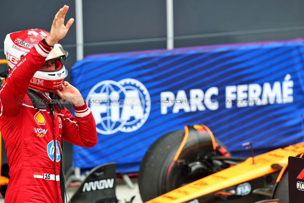 GP UNGHERIA, Charles Leclerc (MON) Ferrari celebrates his pole position in qualifying parc ferme.

02.08.2025. Formula 1 World Championship, Rd 14, Hungarian Grand Prix, Budapest, Hungary, Qualifiche Day.

- www.xpbimages.com, EMail: requests@xpbimages.com © Copyright: Batchelor / XPB Images