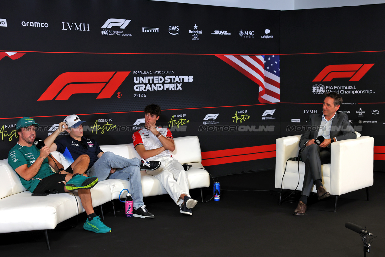 GP USA, (L to R): Fernando Alonso (ESP) Aston Martin F1 Team; Franco Colapinto (ARG) Alpine F1 Team; e Oliver Bearman (GBR) Haas F1 Team, in the FIA Press Conference.
16.10.2025. Formula 1 World Championship, Rd 19, United States Grand Prix, Austin, Texas, USA, Preparation Day.
- www.xpbimages.com, EMail: requests@xpbimages.com © Copyright: Rew / XPB Images