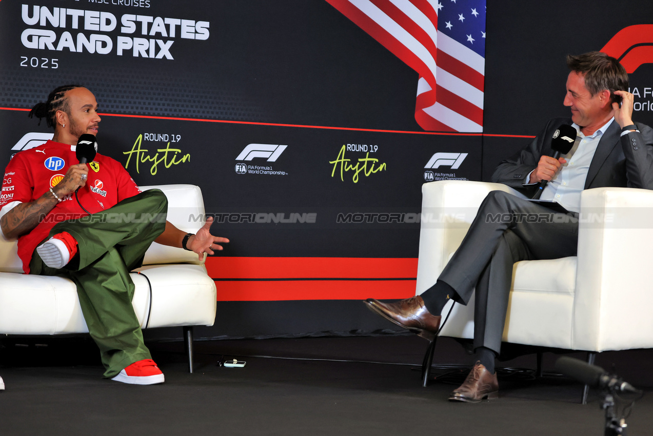 GP USA, Lewis Hamilton (GBR) Ferrari in the FIA Press Conference.
16.10.2025. Formula 1 World Championship, Rd 19, United States Grand Prix, Austin, Texas, USA, Preparation Day.
- www.xpbimages.com, EMail: requests@xpbimages.com © Copyright: Rew / XPB Images